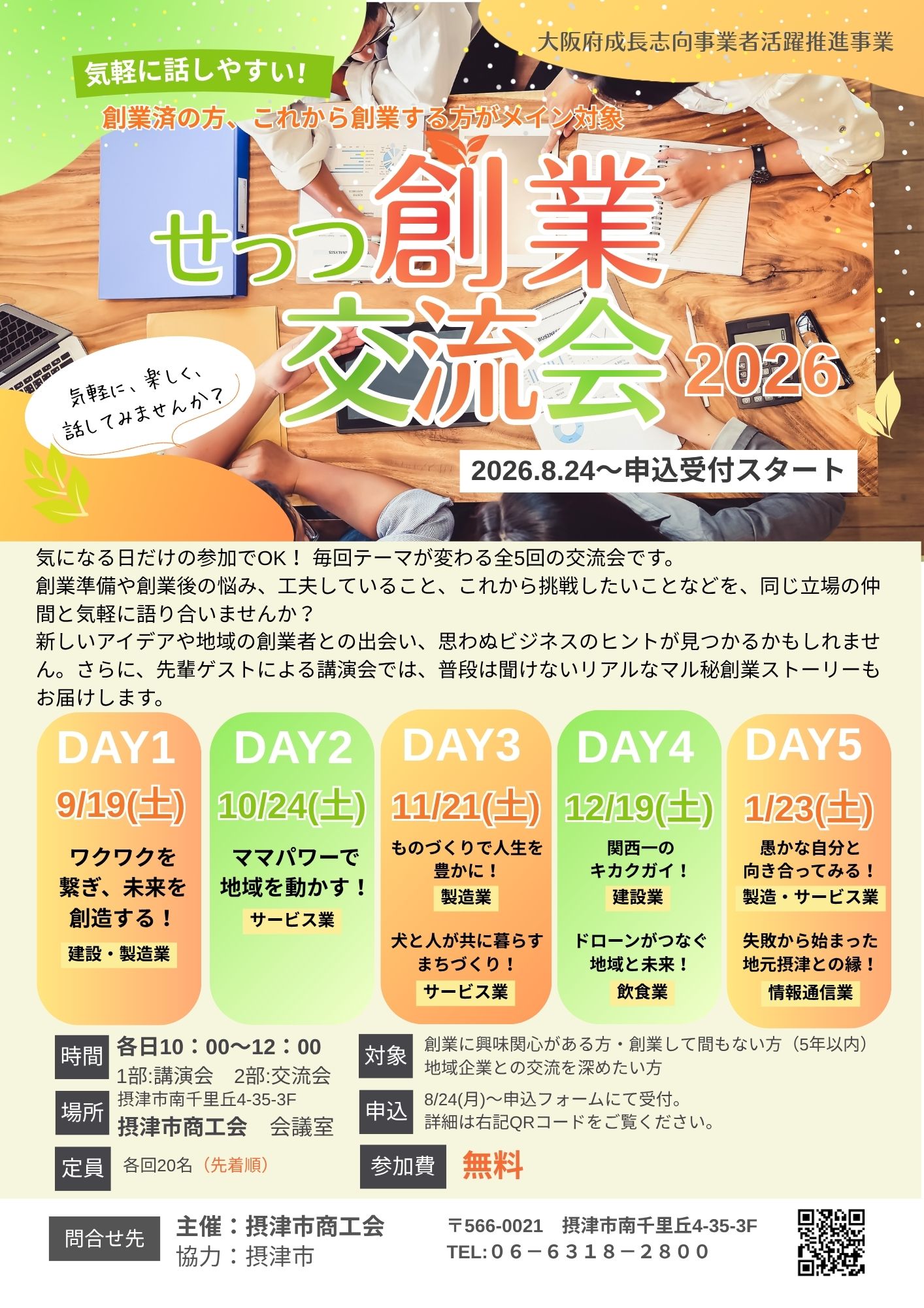 せっつ創業交流会【全5回】①9/19(土)、②10/24(土)、③11/21(土)、④12/19(土)、⑤1/23(土)